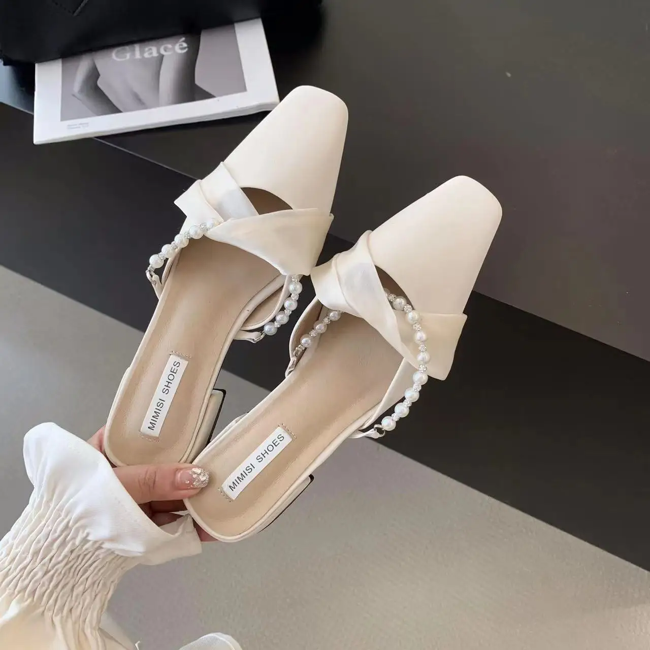 

Мюли женские на низком каблуке, повседневные туфли без застежки, с жемчужной цепочкой, без каблука, Уличная обувь, 2023