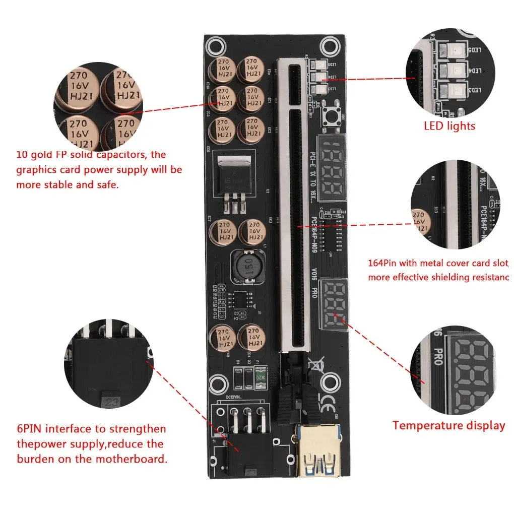 6 шт. Riser 016 VER016 PCI-E PCIE PCI экспресс-карта GPU 1X до X16 USB 6pin Удлинительный кабель Майнинг
