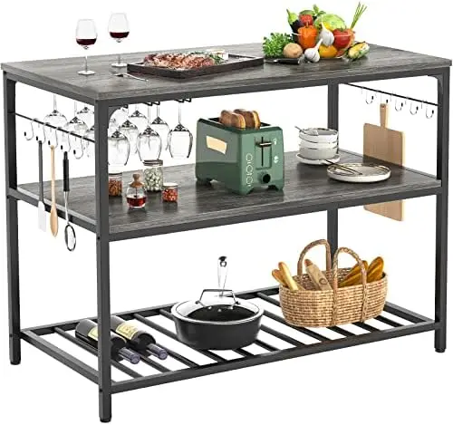 

Island with Wine Glass Holder, Industrial Wood and Metal Coffee Bar Wine Table, 3 Tier Spacious Kitchen Prep Table Extended Cou