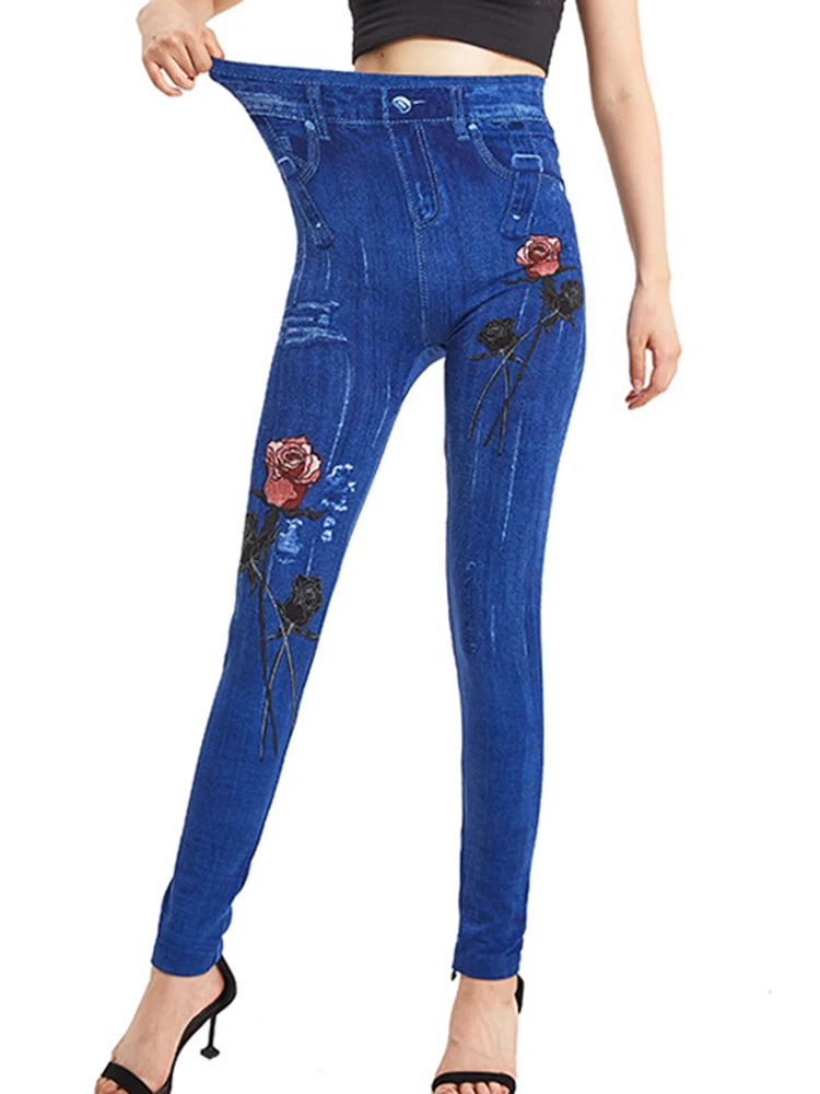 

Women Pants Print Jeggings Seamless Leggings Sexy Girl Polyester High Waist Faux Jeans Denim Rose Flower Printed Fitness Leggins