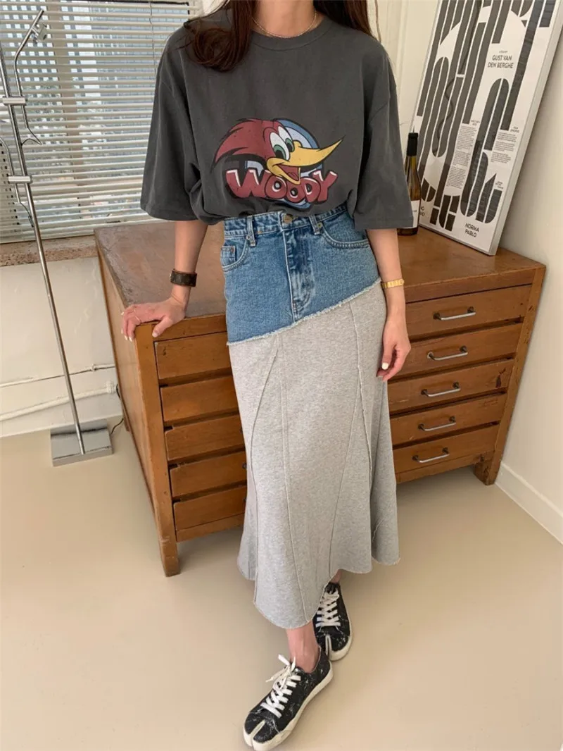 

Женская джинсовая юбка составного кроя Y2K, летняя юбка с высокой талией, трапециевидная юбка составного кроя в Корейском стиле, модель 2023, 6397