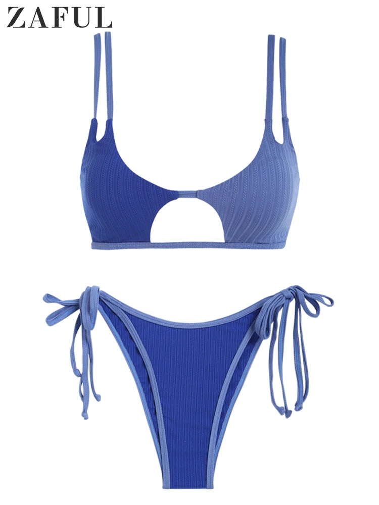 

ZAFUL Women's Ribbed Colorblock Bikini Swimsuit Cut Out Tie Side Swimwear String Star Shaped Two Piece Bathing Suit Beachwear
