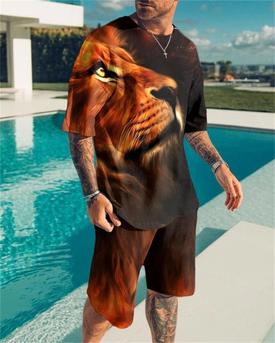 

Костюм спортивный мужской с 3D-принтом короля льва, футболка и шорты, круглый вырез, короткий рукав, летняя одежда