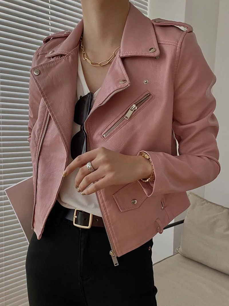 Fashion 2023 Autumn Winter Women Short Coat Female Faux Leather Jackets PU Turn-Down Collar Zippers Belt Motorcycle Gothic Punk