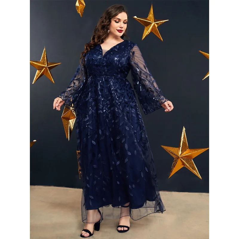 2023 Plus Size V Neck Chiffon Embroidered Lace Royal Blue Dress Elegant Luxury 5XL6XL Loose Wedding Banquet Party Woman Dress