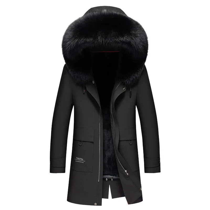 

Winter New Black Men Overcoat Rex Rabbit Liner Faction Overcome Jackets Male Long Casual Big Fox Fur Collar Trench Coat