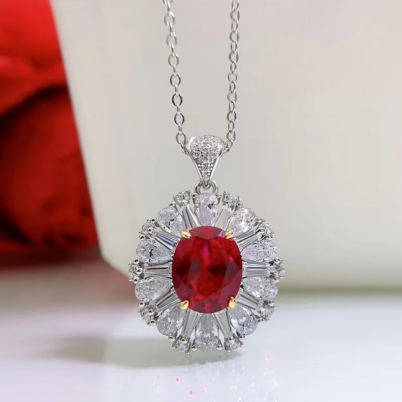 

Luxury Silver 925 Jewelry Pendant Necklace for Women 9*11mm Oval Ruby Crystal Diamond Fine Jewelry for Woman Party Wedding Gifts