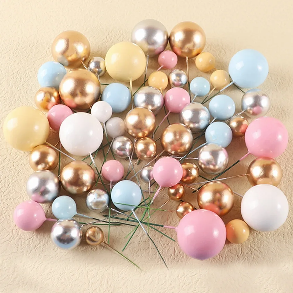 

20pcs Golden Ball Cake Topper Happy Birthday Party Baby Shower Cake Decor DIY Cupcake Flag Wedding Christmas Ball Decor Supplies