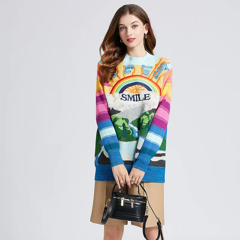 

Осенний Тяжелый промышленный свитер с радужной вышивкой, женские топы, контрастный флисовый жаккардовый толстый свитер из кроличьей шерсти, зимняя одежда для женщин