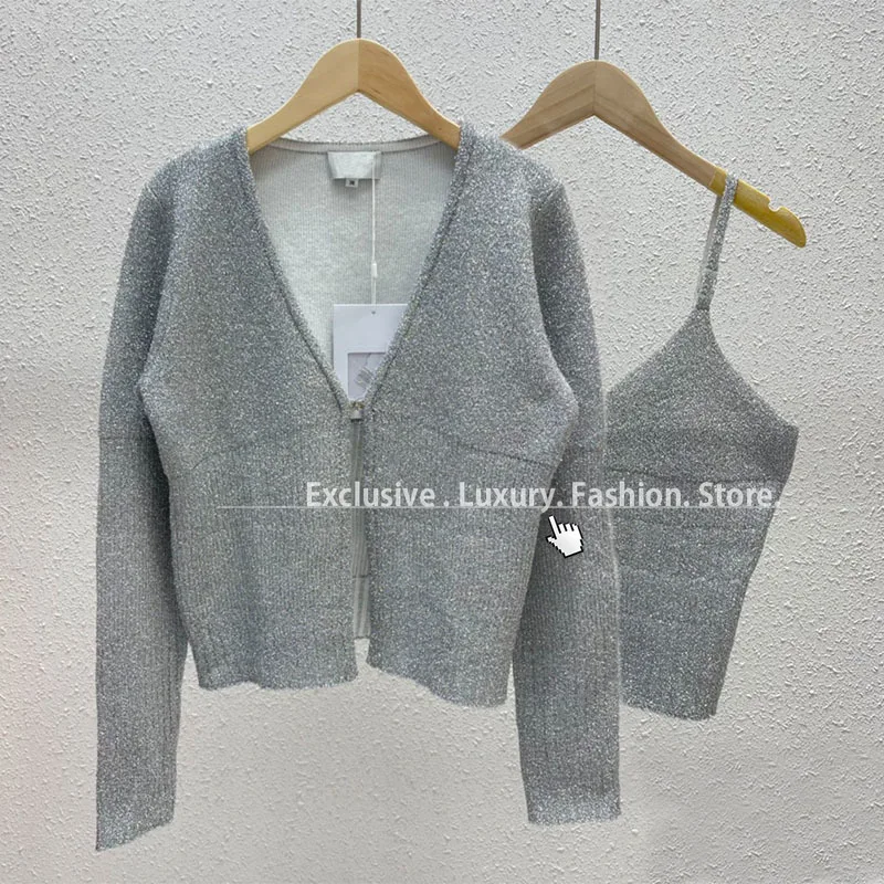 

Женский вязаный кардиган loстgoed разы, роскошный брендовый облегающий серебристый Вязаный Кардиган с длинным рукавом из металлической шерст...