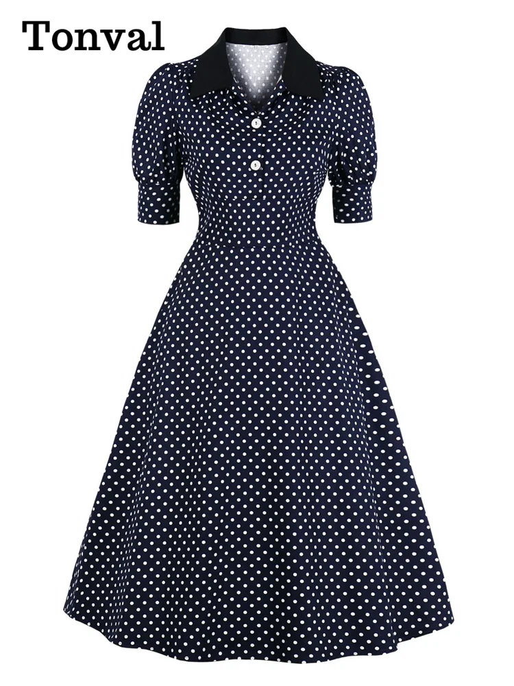 

Tonval Puff Sleeve Button Up Polka Dot Vintage A-Line Party Long Dresses for Women Elegant High Waist Cotton Pinup Midi Dress