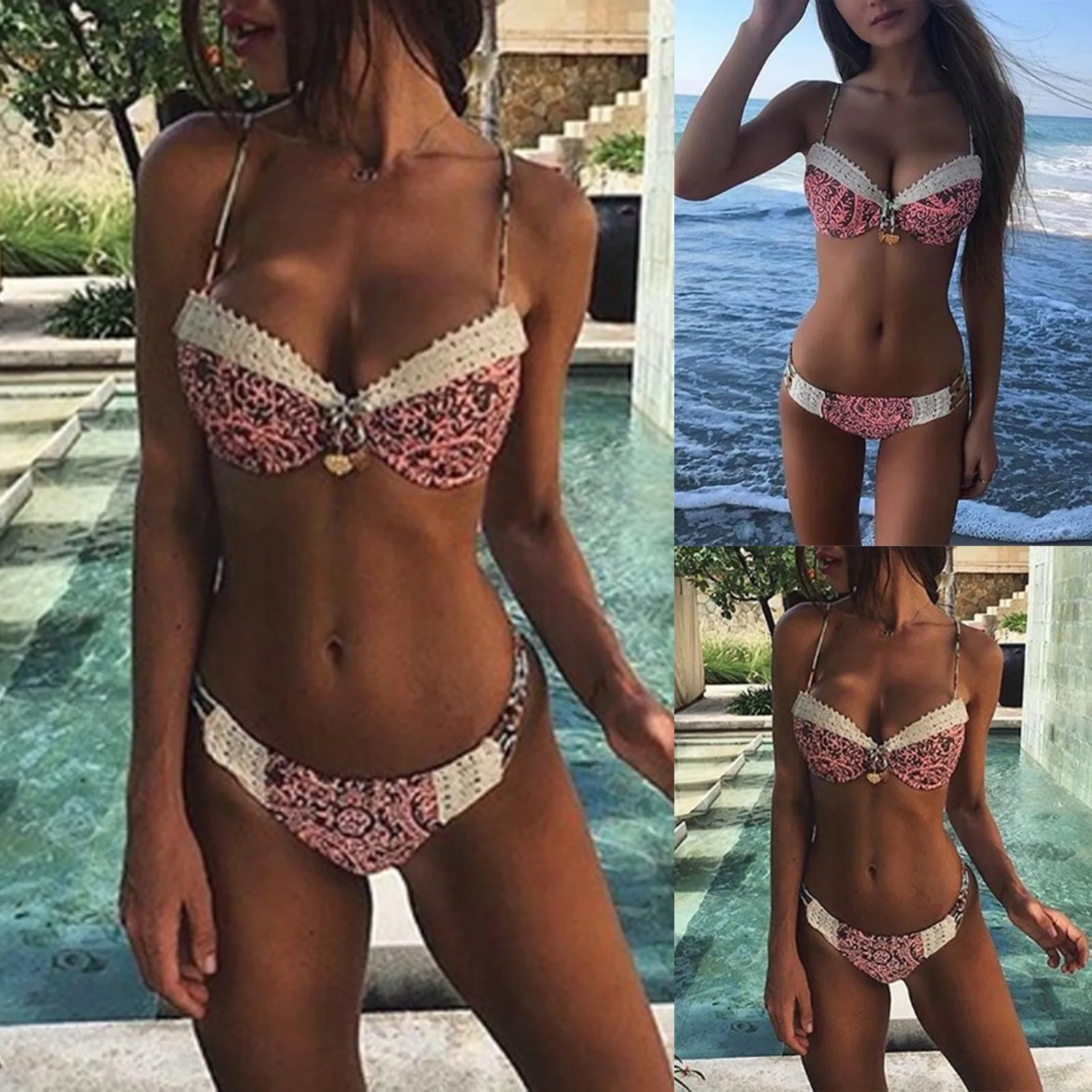 

Кружевной комплект, Женский раздельный однотонный Модный Купальник, купальники из двух предметов, комплект танкини, спортивный топ с лямко...