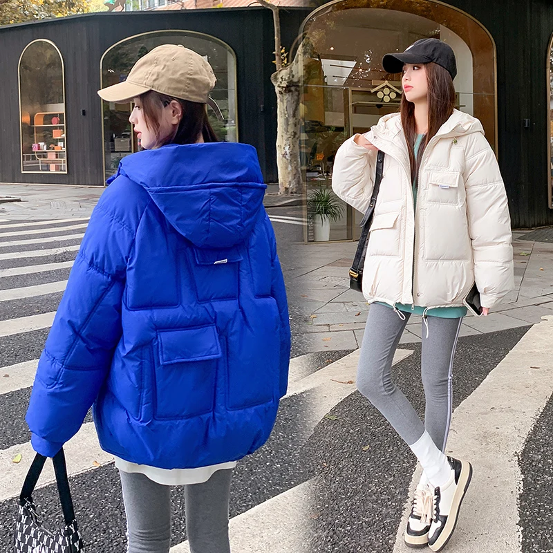 

Winter Jackets Women Parkas 2022 New Snowsuit Fashion Long Sleeves Hooded Coats Loose Korean Solid Female Bread Clothes