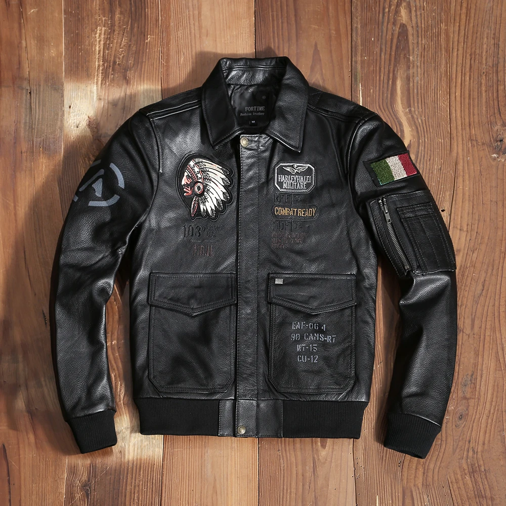 Мужская приталенная куртка из натуральной воловьей кожи в стиле милитари |