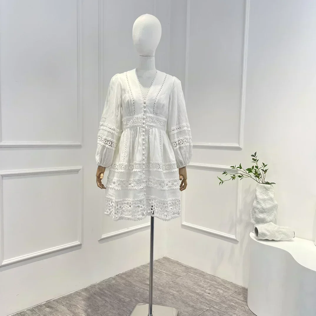 

Hollow Out Linen White 2023 New Top Quality Spring Summer Vintage Button V-neck Woman Mini Dress