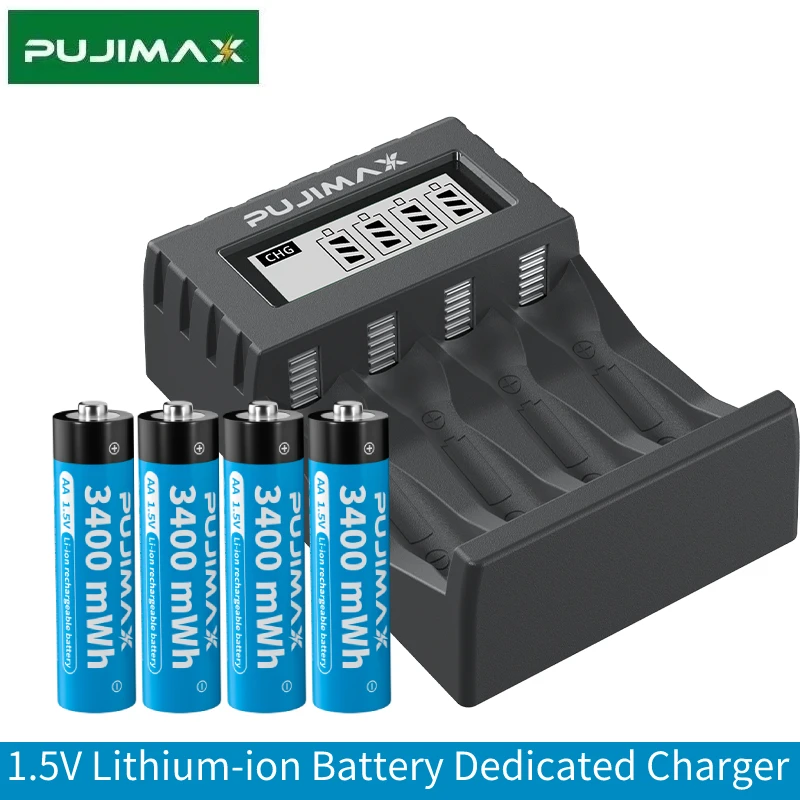 

PUJIMAX 4pcs AA 1.5V 3400mWh Rechargeable Lithium-ion Battery+Original 4-slot LCD Display 1.5V Li-ion Battery Dedicated Charger