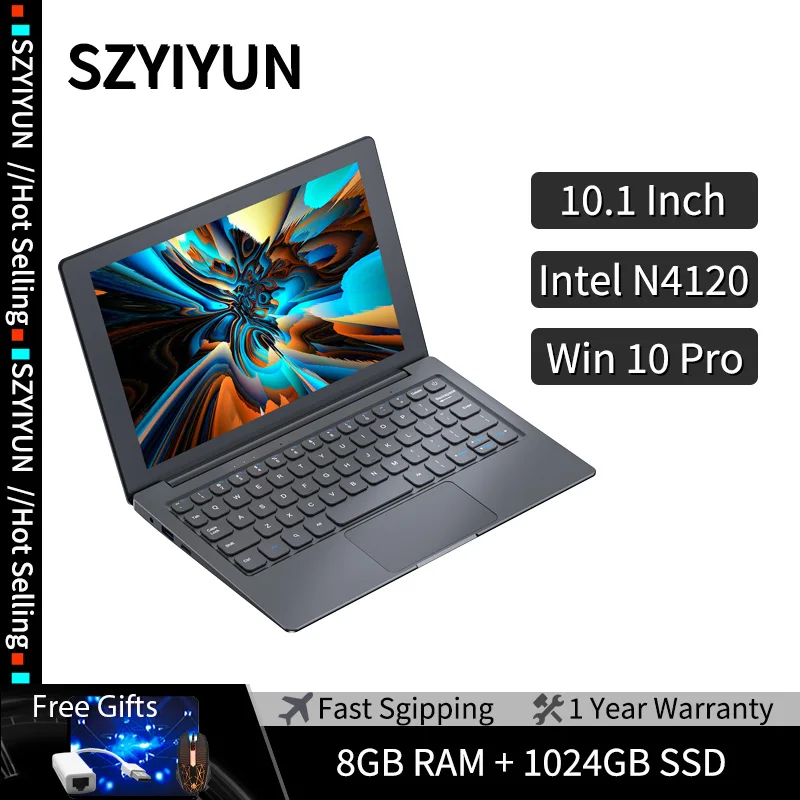 

10.1 Inch Metal Mini Cheap Laptop Intel N4120 Quad Core Notebook Computer 8G RAM + 1TB SSD Portable Ultra Thin Small PC Netbook