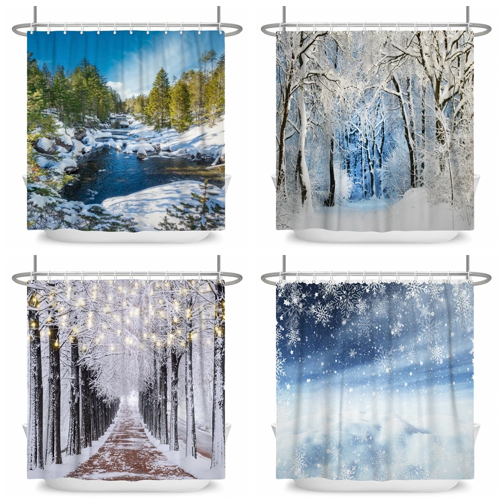 

Winter Forest Tree Shower Curtains Waterproof Bath Curtain Winter Natural Scenery Snow Scene for Bathroom Home Decor with Hooks