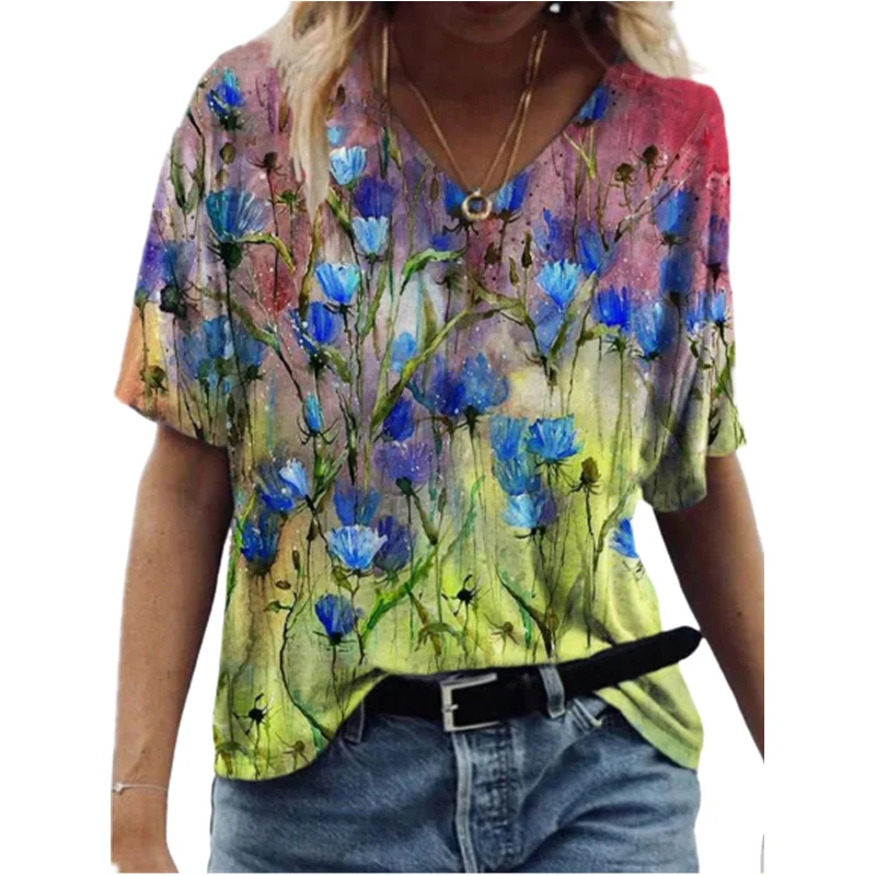 

Floral Print T-shirts Women O-Neck Short Sleeve Tops Fashion Loose Female T-shirt Camisetas Mujer 2022