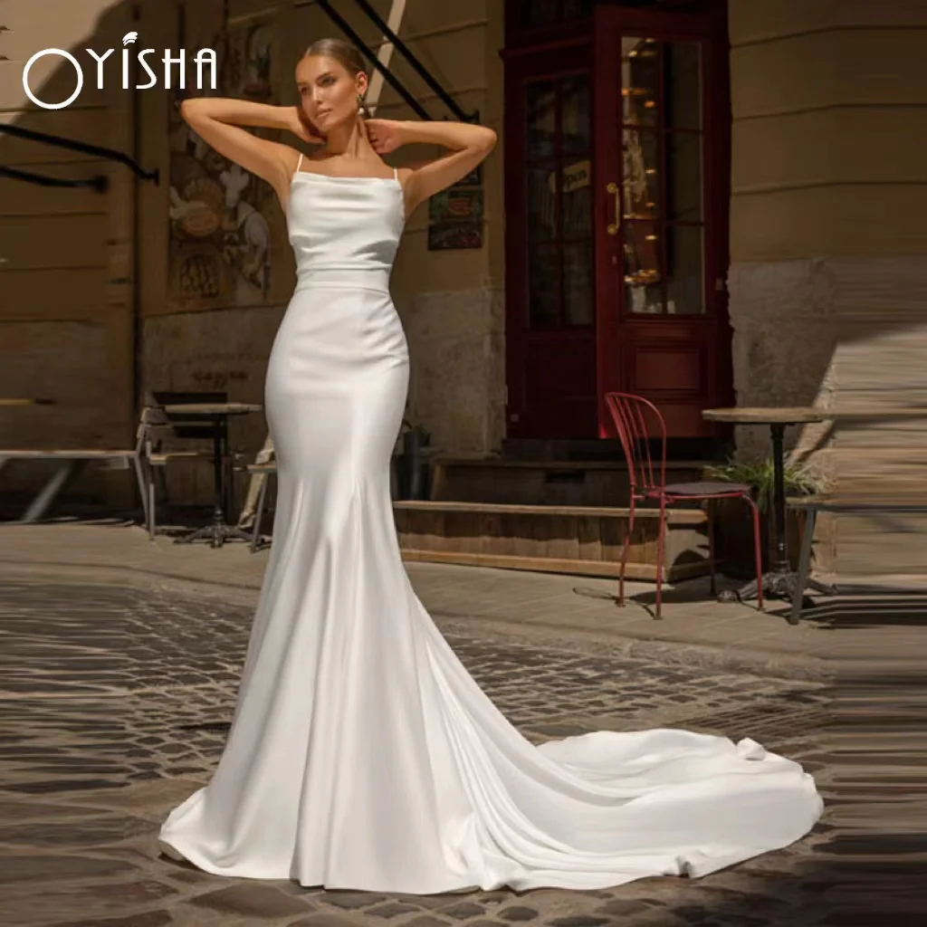 

OYISHA Simple Satin Mermaid Wedding Dresses Elegant Sexy Scalloped Spaghetti Straps Bride Gown Backless For Women Robe De Marié