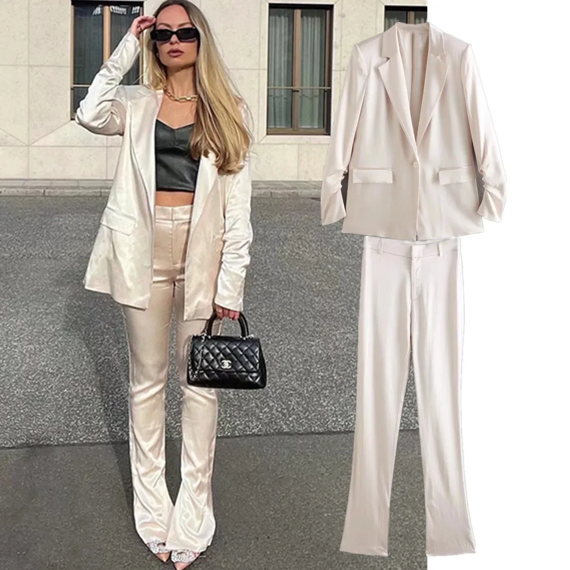 

Дженни и Дэйв 2022 Instagram модный блоггер High Street атласные повседневные блейзеры женские брюки с высокой талией женские комплекты из двух предме...