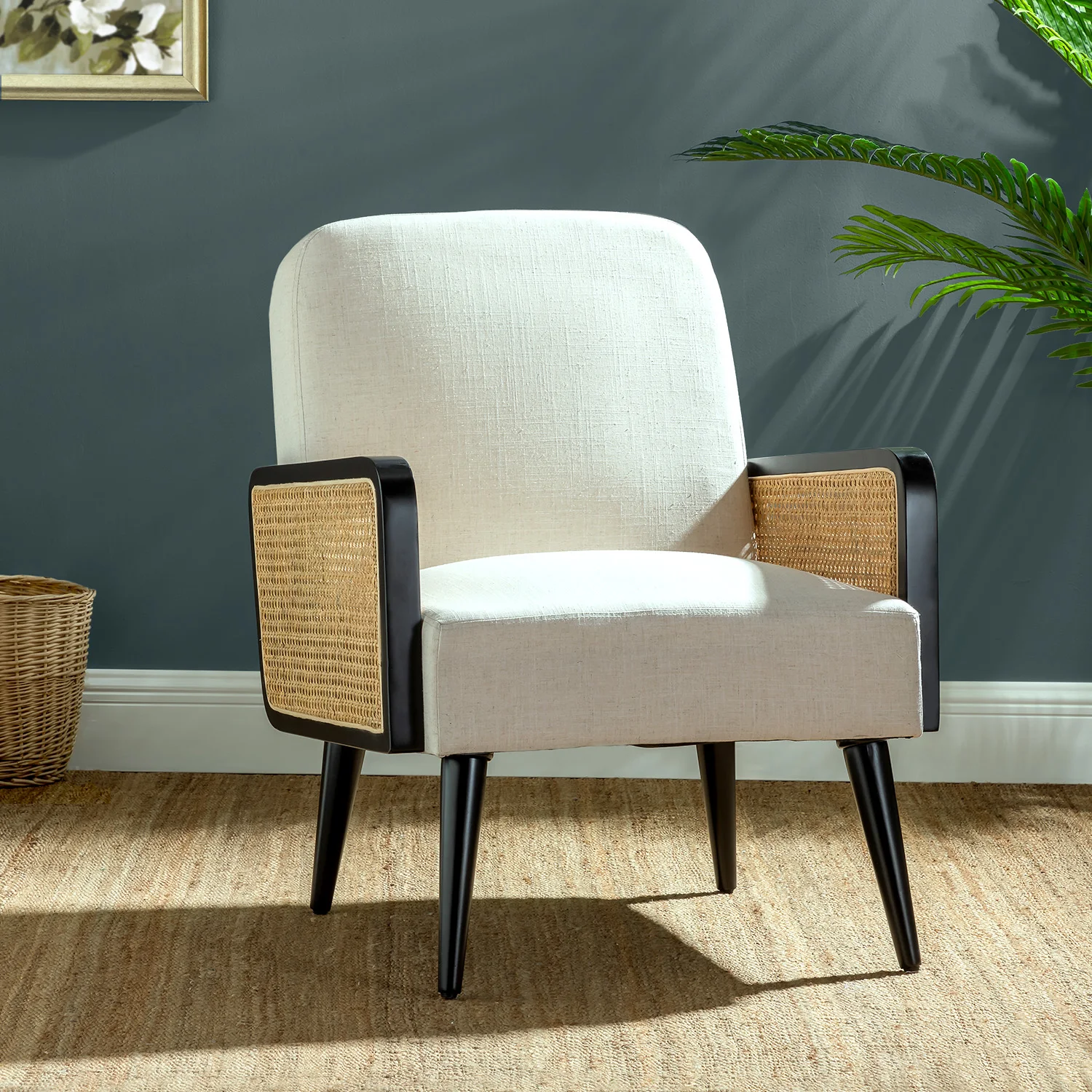 , Upholstered Chairs With Bamboo Knitting And Solid Wood Legs, Comfy Linen Fabric Armchair