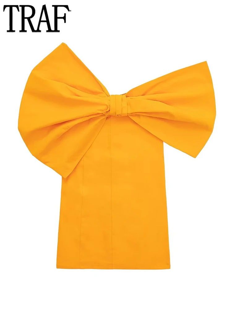 

TRAF Orange Asymmetric Dresses for Women Bow Pleated Short Dress Woman Summer Backless Party Dresses Ladies Off Shoulder Dress