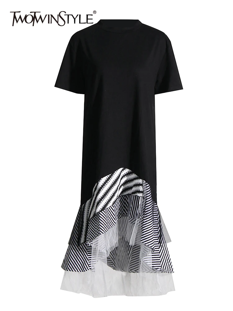 

TWOTWINSTYLE Patchwork Ruched Midi Dress For Women Round Neck Short Sleeve Loose Colorblock Long Dresses Female Clothing Summer