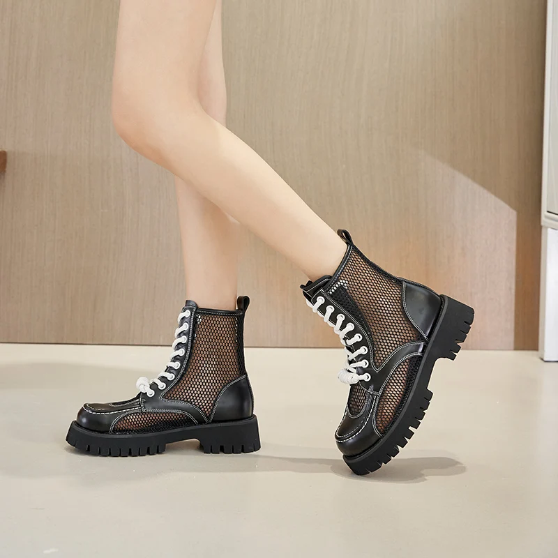 Summer Cool Boots Women's Thick Bottoming Thin Style Breathable 2023 New Small Mesh Gauze Leather Lace-up Fashion Ankle Boots