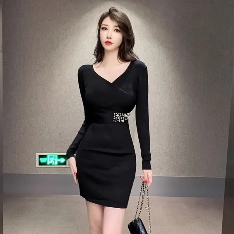

Women's Dress Knitting Embroidered Flares Above Knee Dresses Solid Color V-Neck Slim Sexy High Waist Vestidos Bodycon Dropship