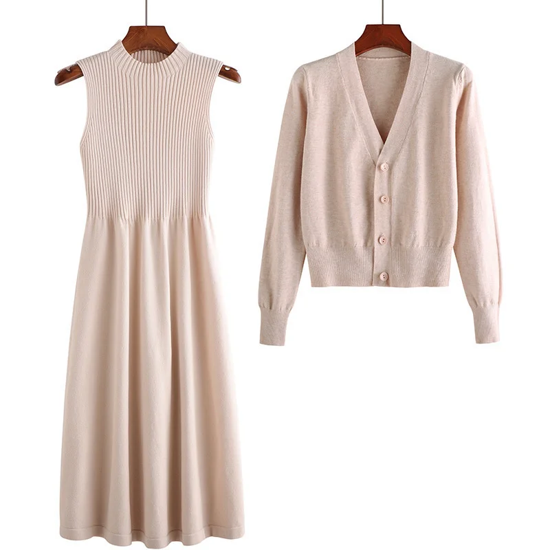 

new spring and autumn long-sleeved v-neck top two-piece suit sweater dress wild loose knit cardigan women 2023