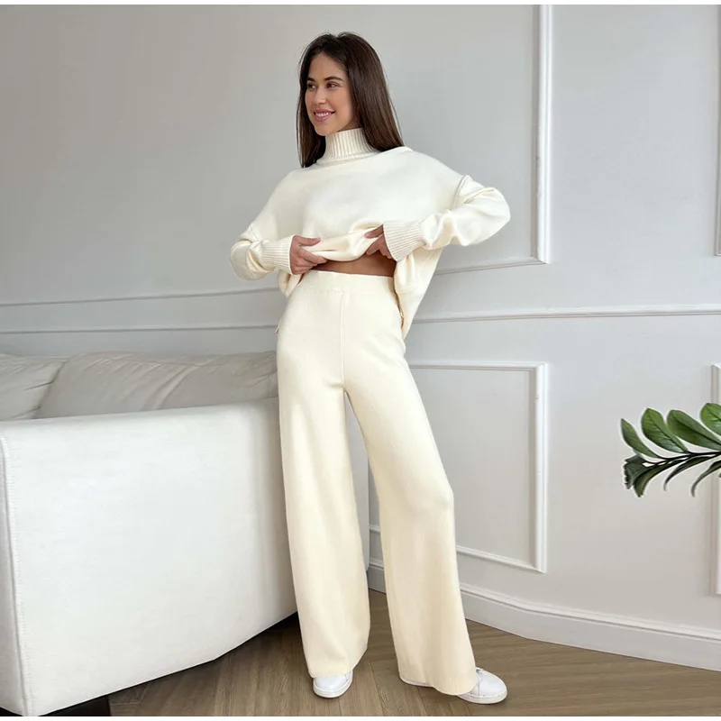 

Winter Casual Women's Warm Sweater Set half Turtleneck Loose Slit Long-sleeved Pullover And Wide-leg Pants Two-piece Suit