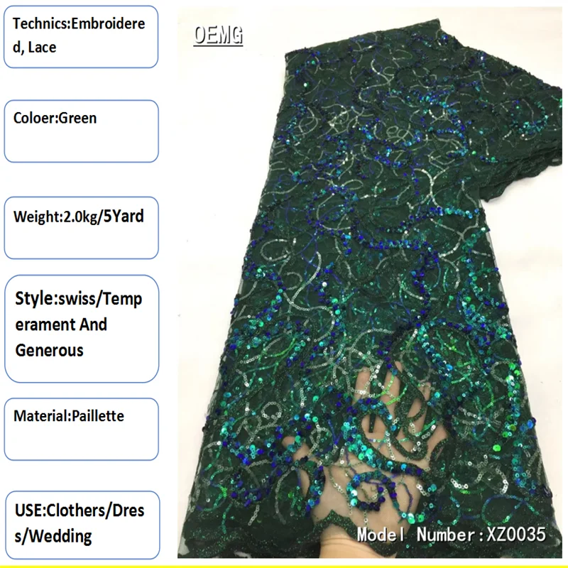 

OEMG 2022 Newest Green Nigerian High Quality Lace Fabrics Fashion Women African Lace Luxury sequins Fabrics For Wedding XZ0035