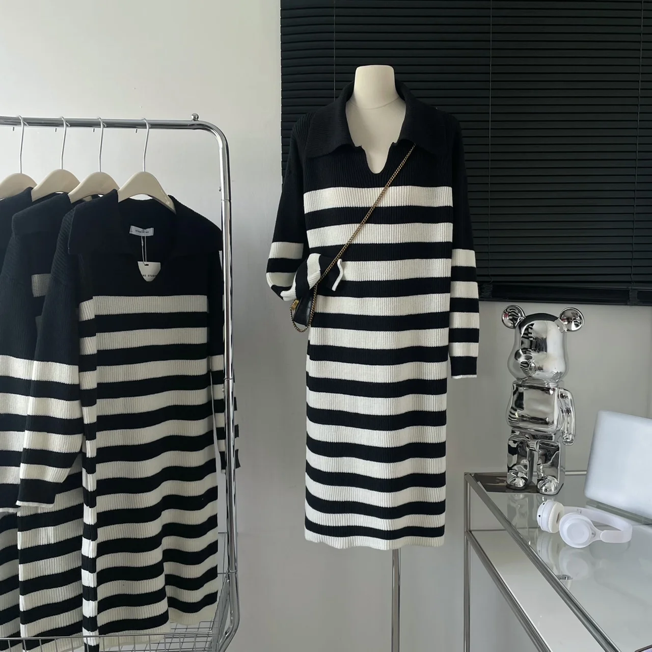 

Lauri Laki New Stripe Long Sweater Women Loose Casual Oversize Knitted Pullover Sweater Dress Autumn Winter 2022