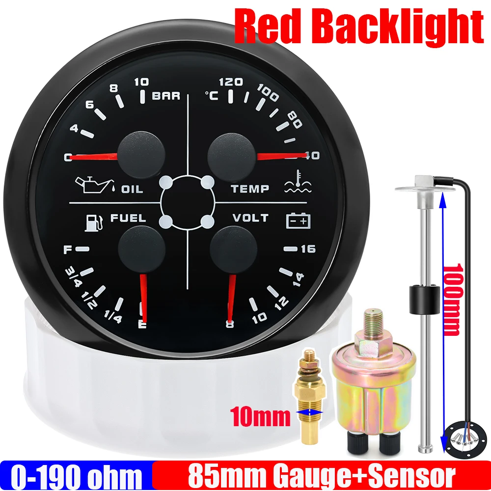 

Красный свет 4 в 1 85 мм манометр давления масла + температура воды + датчик уровня топлива + вольтметр с датчиком 0-190 Ом авто автомобиль 12 В на заказ