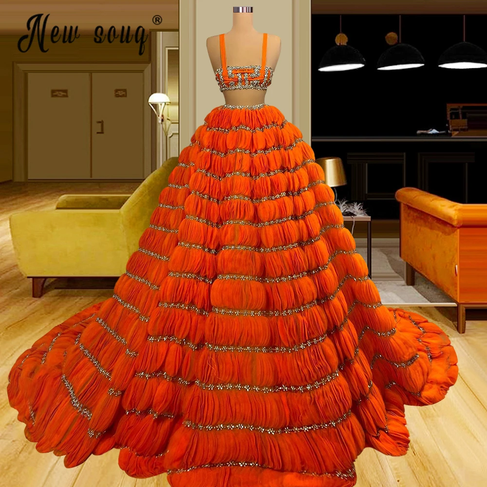 

Великолепное вечернее платье с кристаллами из бисера, оранжевые Бальные платья Дубая, платья знаменитостей из двух частей со стразами, плат...