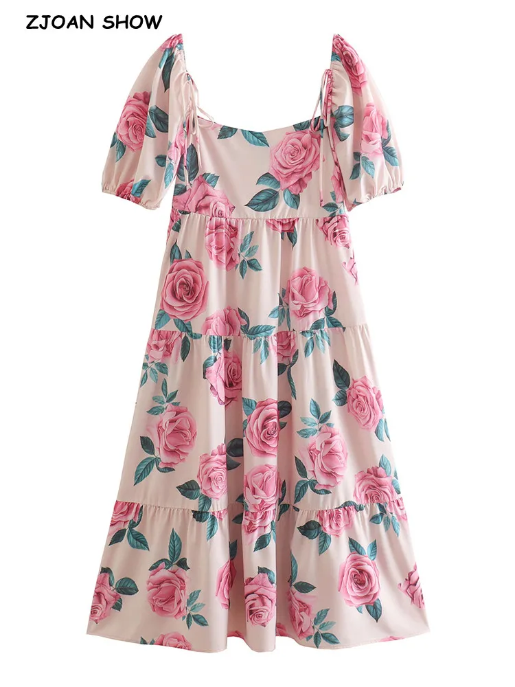 

2022 Retro Pink Flower Print Women Midi Dress Vintage French Low Back Square Collar Half Sleeve Stitching Hem Holiday Robe