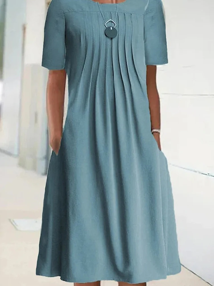

Women Casual O Neck Pleated Midi Dress Summer New Fashion Pocket Loose Party Dress Elegant Short Sleeve Solid Loose A-Line Dress