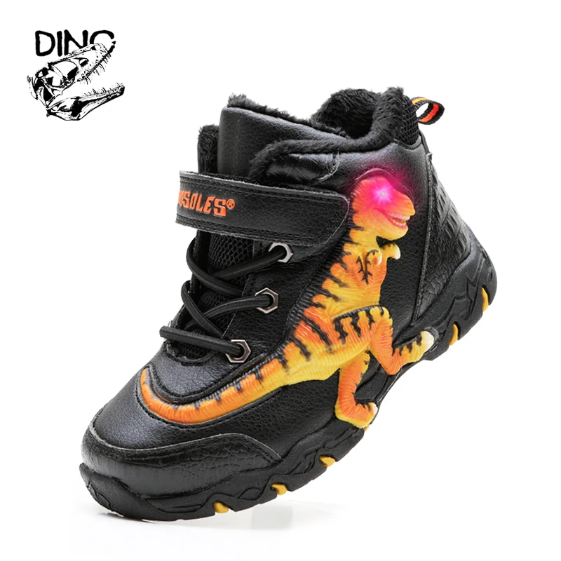 DINO T-REX LED Winter Children Boys Boots Genuine Leather Warm Plush Inside Kids Light Up Eyes Flashing Girls Outdoor Footwear enlarge