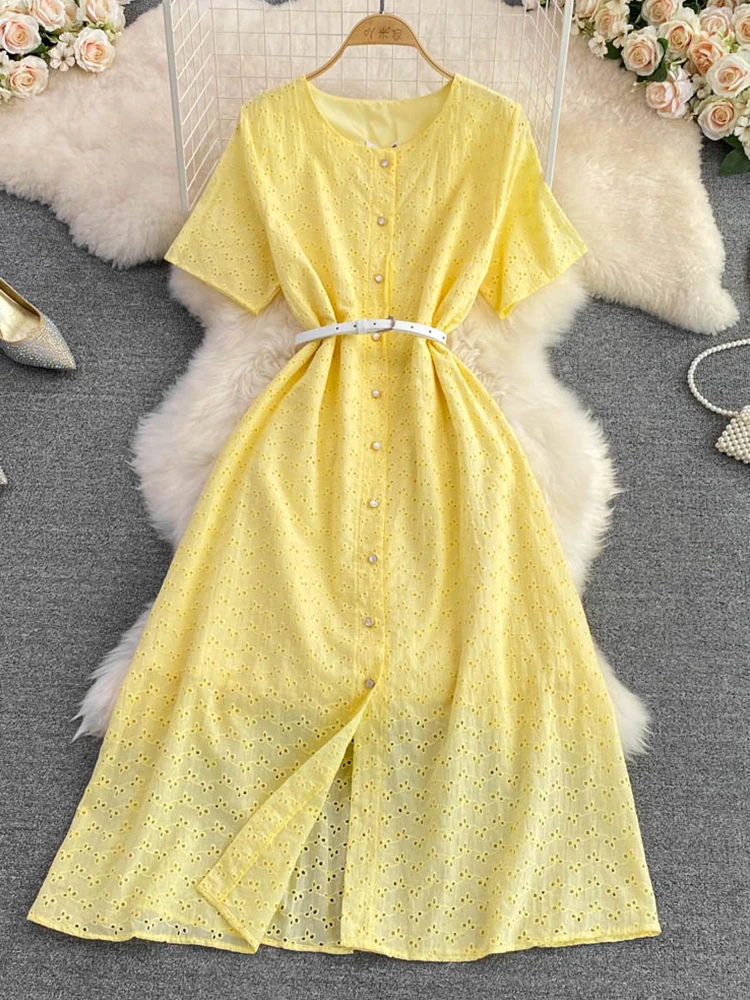 

FMFSSOM Summer Women Vintage O-Neck Embroidered Hollow Out Single Breasted Dress Elegant High Waist Slim A-Line Dress With Belt
