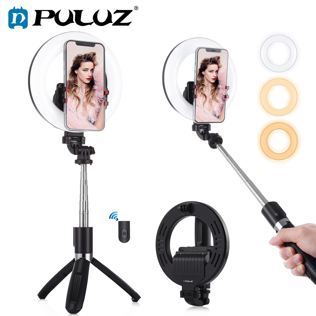 

PULUZ LED Selfie Ring Light with Tripod Stand Bluetooth Selfie Stick for Live Broadcast YouTube Vlogging Phone Fill Lamp