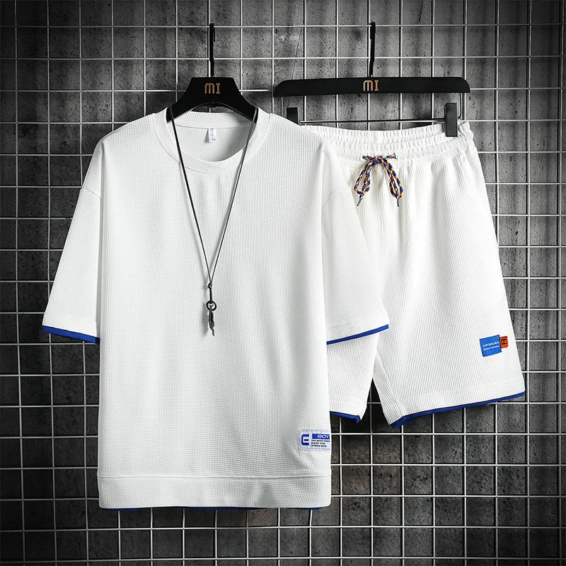 Summer Waffle Men Sets Casual Loose Sports Two-Piece Fashion High-Quality Couples Suits Comfortable Breathable Short-Sleeved Set