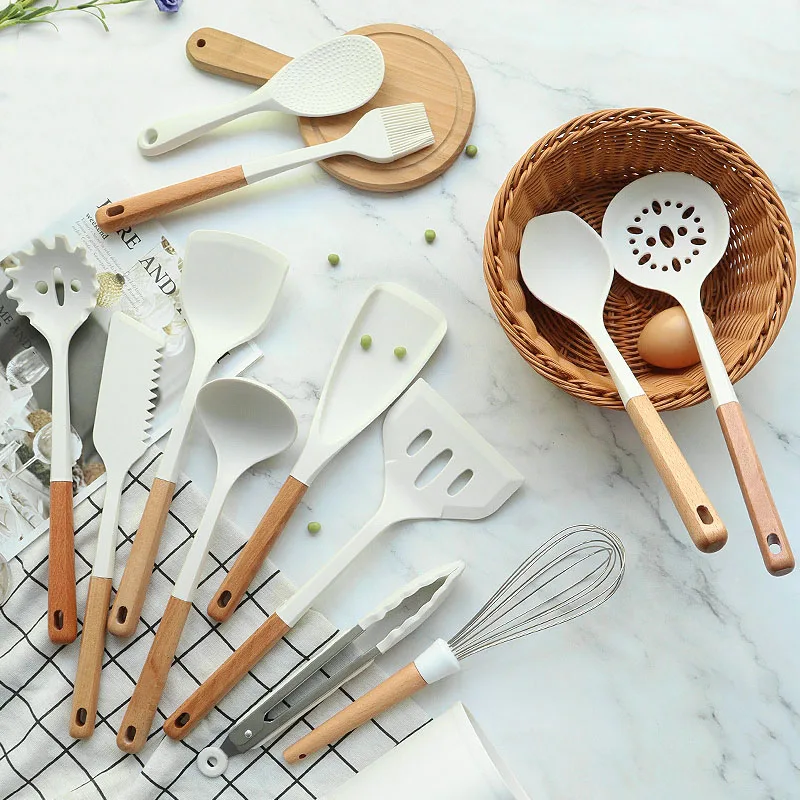 

Silicone Cooking Spatula Kitchenware Cooking Accessories Utensils Set Non-stick Cookware Wooden Handle Kitchen Cooking Tool Set