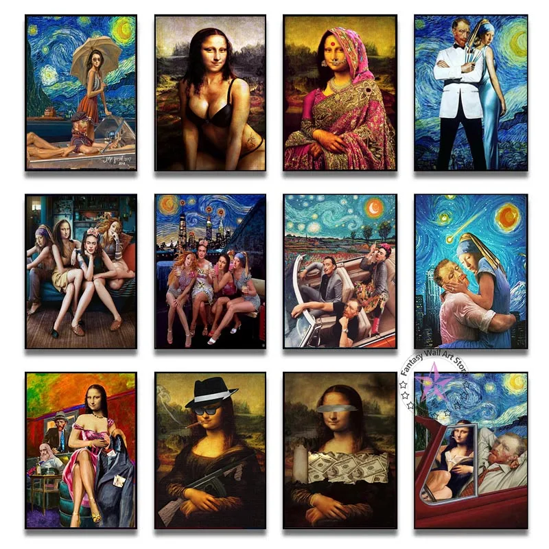 

Sexy Mona Lisa Canvas Painting Naked Body Figure Poster And Print Wall Art Van Gogh's Starry Sky Picture Bedroom Home Wall Decor