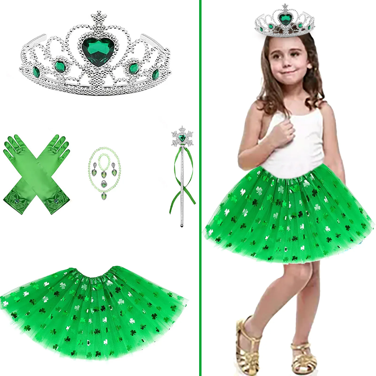 

Princess Costumes Set For St. Patrick's Day Green Clover Costume Set Accessories Include Princess Skirt Crown Gloves Magic Wand