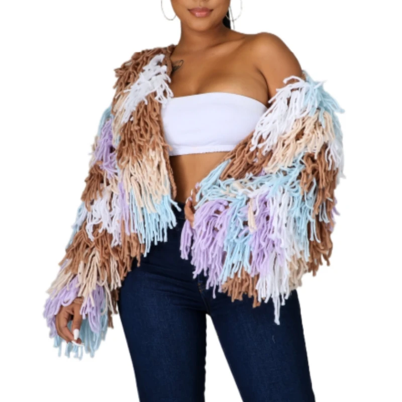 

Женский свитер, пальто, трикотажное раньше, вязаный крючком женский кардиган с бахромой, куртка из искусственного меха, пуловеры, топы