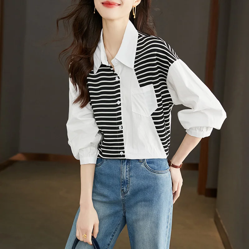 Женская Асимметричная рубашка в полоску черно-белая блузка составного кроя с