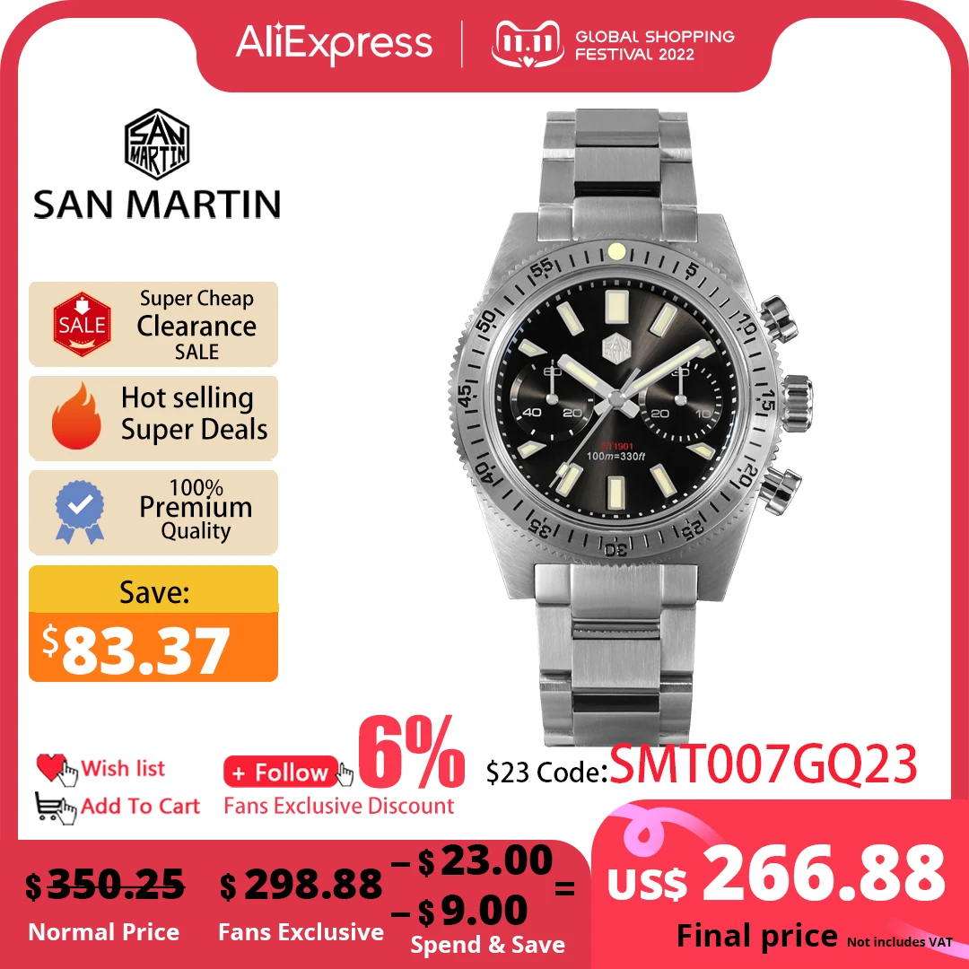 Скидка Мужские спортивные часы San Martin, 40 мм, панда BB, хронограф, Ретро стиль, роскошные чайки ST1901, механические сапфировые часы, 10 бар, светящиеся