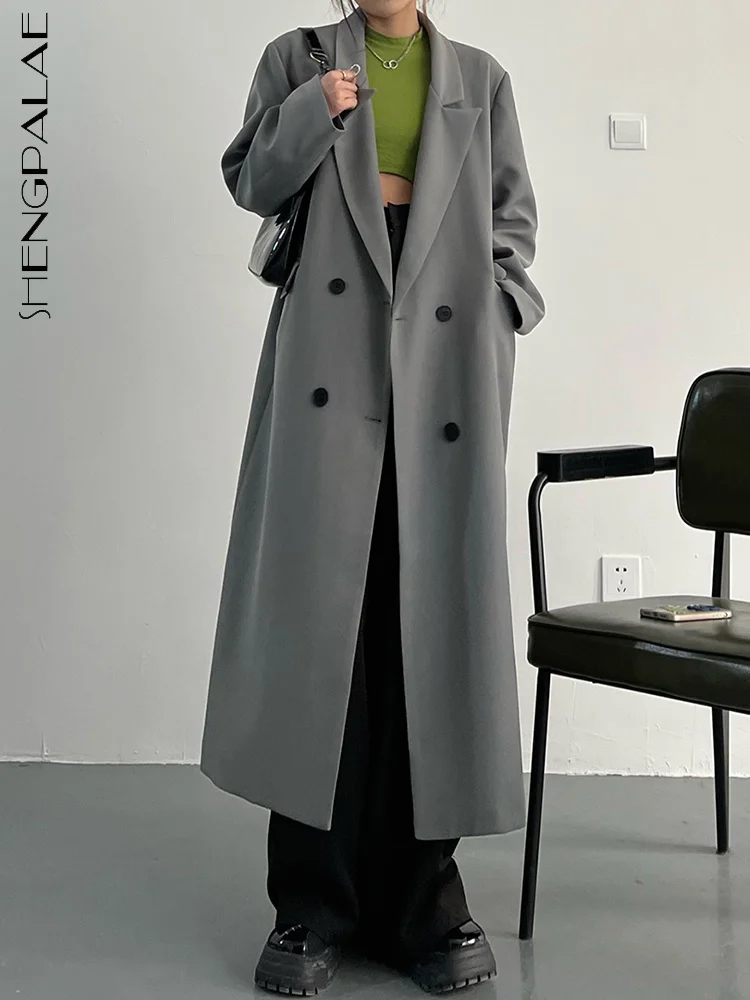 

Женская ветровка SHENGPALAE, модный двубортный однотонный Тренч с зубчатым воротником, осень 2023, НОВЫЙ Тренч 5R4919
