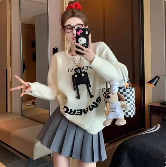 

Spring Autumn 3D Cute Wool Cashmere Monster Sweater Women Sweet Print Letter Knit Pullover O-Neck Loose Soft Basic Knitwear X481